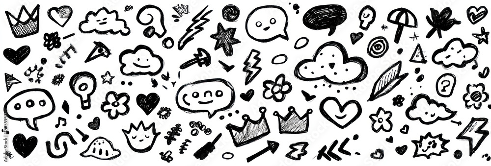 Fototapeta premium Collection of simple black and white hand drawn doodle elements and icons.