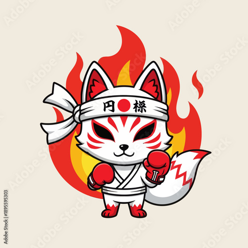 Cute White Chibi Kitsune Fox Boxer with Red Boxing Gloves and Fire Background, Japanese Spirit Animal Fighter with Hachimaki Headband, Warrior Mascot Vector Illustration for Sport and Stickers