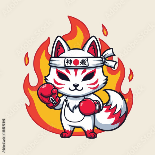 Cute White Chibi Kitsune Fox Boxer with Red Boxing Gloves and Fire Background, Japanese Spirit Animal Fighter with Hachimaki Headband, Warrior Mascot Vector Illustration for Sport and Stickers