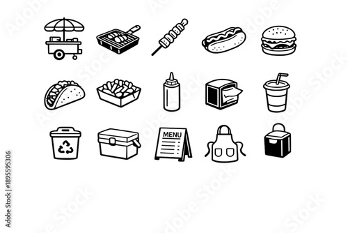 Street Food Moments in outline vector style: food cart, grill pan, skewer stick, hot dog, hamburger, taco, paper tray, sauce squeeze bottle, napkin dispenser