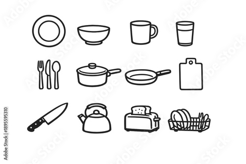 Minimalist Living Kitchen Basics in outline vector style: dinner plate, bowl, mug, glass, cutlery set, saucepan, frying pan, cutting board, chef knife, kettle