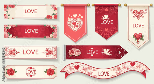 Romantic banners, ribbons, and flags collection with 'LOVE' text, hearts, roses, and vintage floral patterns, perfect for Valentine's Day and wedding celebrations