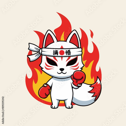 Cute White Chibi Kitsune Fox Boxer with Red Boxing Gloves and Fire Background, Japanese Spirit Animal Fighter with Hachimaki Headband, Warrior Mascot Vector Illustration for Sport and Stickers