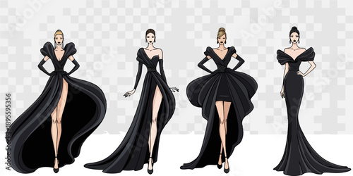 Fashion illustration of women in elegant black evening gowns showcasing various styles and silhouettes.