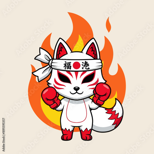 Cute White Chibi Kitsune Fox Boxer with Red Boxing Gloves and Fire Background, Japanese Spirit Animal Fighter with Hachimaki Headband, Warrior Mascot Vector Illustration for Sport and Stickers