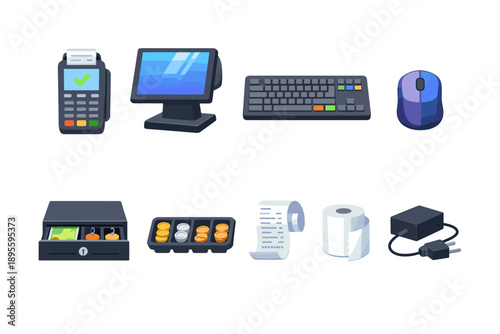 Point of sale equipment flat style: payment terminal, touchscreen monitor, keyboard, mouse, cash drawer, coin tray, receipt roll, power adapter