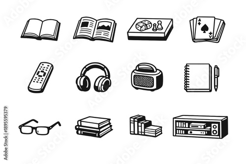 Relaxed Shared Leisure Objects in outline vector style: paperback book, magazine, board game box, playing card deck, television remote, headphone, portable