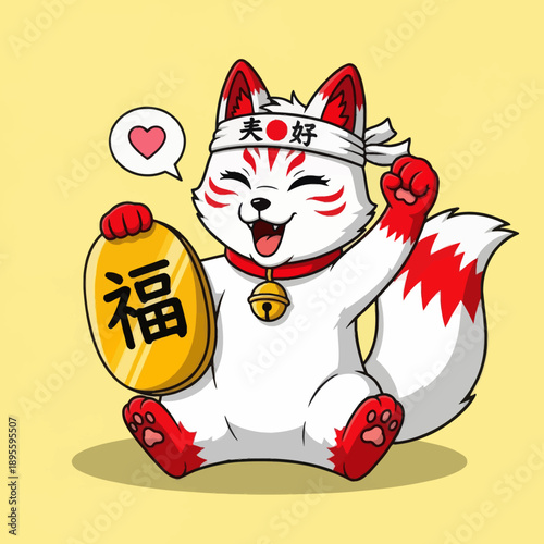 Cute Japanese Lucky Kitsune Fox Illustration. White Spirit Fox Character with Red Markings Holding Gold Coin and Waving Paw in Maneki Neko Style. Kawaii Mascot on Yellow Background.
