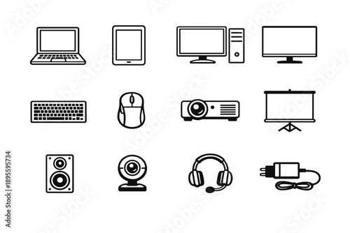 Educational Technology Equipment in outline vector style: laptop, tablet, desktop computer, monitor, keyboard, mouse, projector, projection screen, speaker
