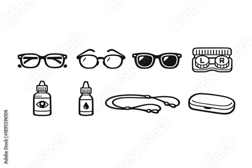 Vision backup eyewear in outline vector style: spare glasses, reading glasses, sunglasses, contact lens case, contact lens bottle, eye drops bottle, eyeglass