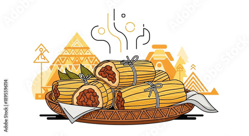 A colorful illustration depicts three neatly arranged tamales in a woven basket set against a stylized cityscape backdrop high quality professional detailed modern elegant