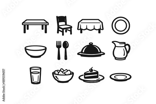 Family and Friends Gathering Essentials in outline vector style: dining table, dining chair, tablecloth, dinner plate, bowl, fork, spoon, serving tray, water