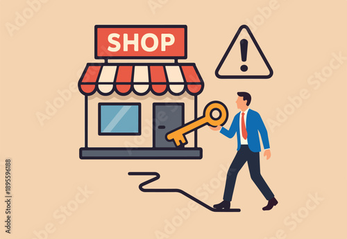 Small business key to success, open new shop, start new business or company, entrepreneur or SME, growing or increase product sale concept, businessman hand hold small business shop with golden key.