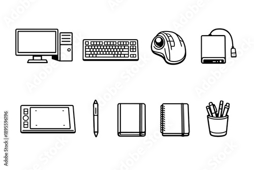 AI research desk tools in outline vector style: desktop computer, mechanical keyboard, trackball mouse, external hard drive, tablet, stylus pen, notebook, pen