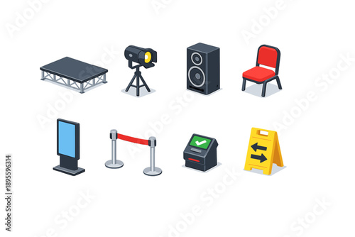Experience economy venue setup equipment in isometric flat style: stage platform, spotlight lamp, speaker box, seating chair, display stand, queue barrier