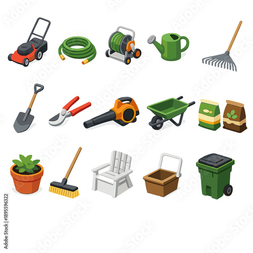 Outdoor property care items in isometric flat style: lawn mower, garden hose, hose reel, watering can, rake, shovel, pruning shears, leaf blower, wheelbarrow