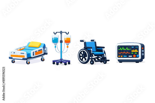 Hospital services medical equipment in flat style: hospital bed, IV stand, wheelchair, vital monitor