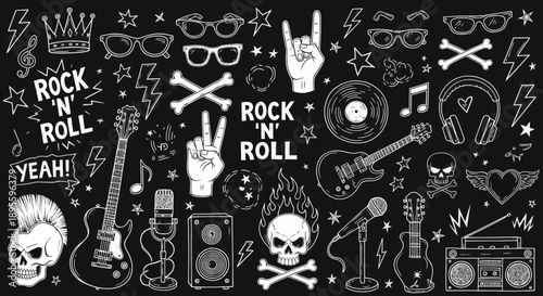 Rock and roll doodle vector set with skulls, guitars, music notes, lightning bolts, and punk elements. Perfect for t-shirts, posters, stickers, album covers, and retro designs.