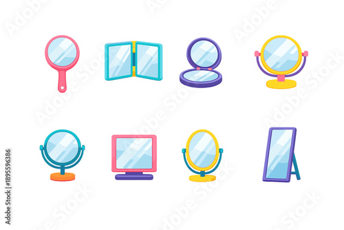 Public hand mirror designs flat style: hand mirror, folding mirror, compact mirror, vanity mirror, round mirror, square mirror, oval mirror, standing mirror