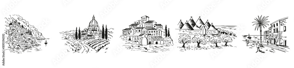 Obraz premium Collection of hand-drawn Italian landscapes sketches. Featuring coastal towns, Tuscany vineyards, and traditional architecture. Elegant black and white vector illustrations
