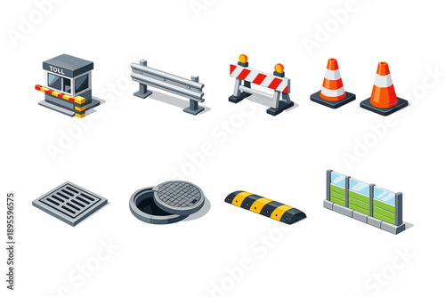 Roadway support infrastructure in isometric flat style: toll booth, guardrail, traffic barrier, road cone, drainage grate, manhole cover, speed bump, noise