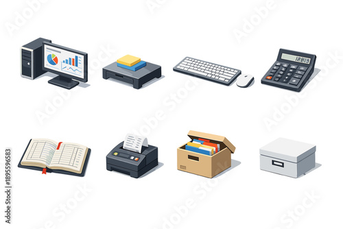 Business optimization performance tracking isometric flat style: desktop computer, monitor stand, keyboard, mouse, calculator, ledger book, receipt printer