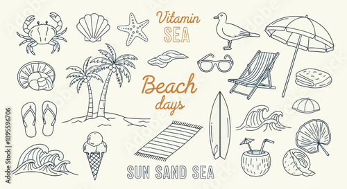 Hand-drawn beach-themed vector set with summer doodles like waves, palm trees, shells, crabs, sunglasses, and surfboards. Perfect for vacation designs, t-shirt prints, and tropical projects.
