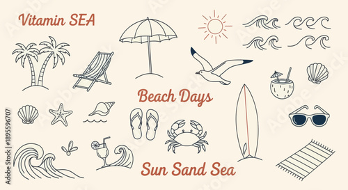 Hand-drawn beach-themed vector set with summer doodles like waves, palm trees, shells, crabs, sunglasses, and surfboards. Perfect for vacation designs, t-shirt prints, and tropical projects.
