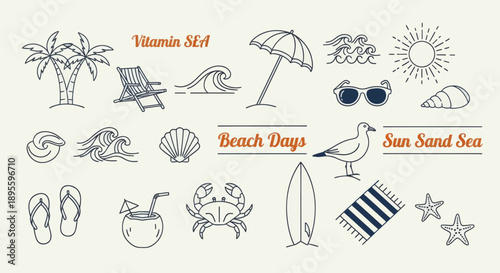 Hand-drawn beach-themed vector set with summer doodles like waves, palm trees, shells, crabs, sunglasses, and surfboards. Perfect for vacation designs, t-shirt prints, and tropical projects.
