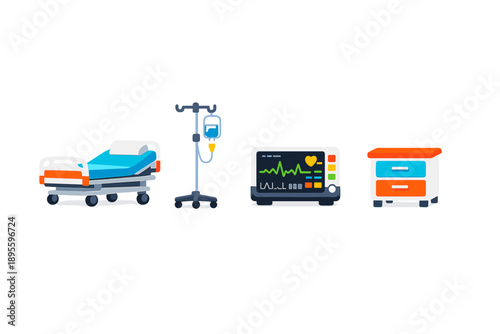 Patient care bedside essentials in flat style: hospital bed, IV stand, vital monitor, bedside table