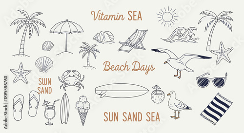 Hand-drawn beach-themed vector set with summer doodles like waves, palm trees, shells, crabs, sunglasses, and surfboards. Perfect for vacation designs, t-shirt prints, and tropical projects.
