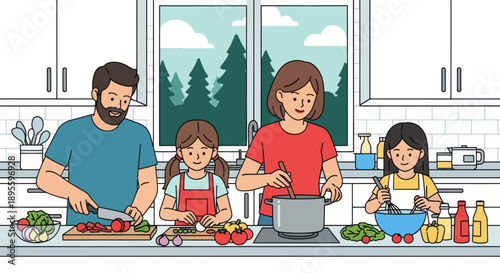 Adobe illustrator artwork vector illustration. Happy family cooking together in the kitchen, preparing healthy meals and enjoying quality time, promoting family bonding