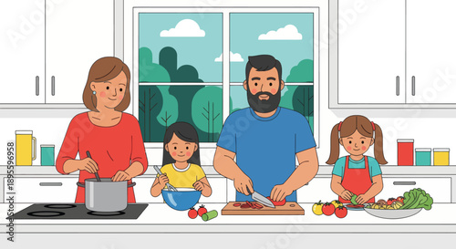 Adobe illustrator artwork vector illustration. Happy family cooking together in the kitchen, preparing healthy meals and enjoying quality time, promoting family bonding