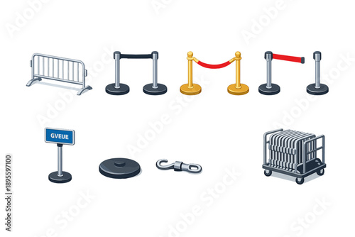 Event crowd control barriers isometric flat style: crowd barricade, stanchion post, rope barrier, retractable belt unit, queue sign, weighted base, connector