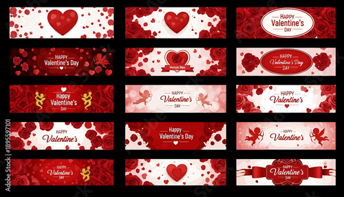 Collection of Valentine's Day banners featuring hearts, roses, and romantic designs