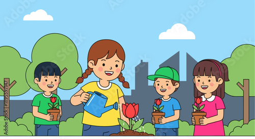 Adobe illustrator artwork vector illustration. Cheerful children engage in gardening, planting and watering flowers and plants in a vibrant outdoor scene with a city skyline and mountains, promoting