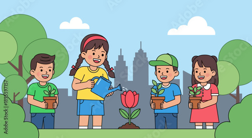 Adobe illustrator artwork vector illustration. Cheerful children engage in gardening, planting and watering flowers and plants in a vibrant outdoor scene with a city skyline and mountains, promoting