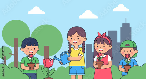 Adobe illustrator artwork vector illustration. Cheerful children engage in gardening, planting and watering flowers and plants in a vibrant outdoor scene with a city skyline and mountains, promoting