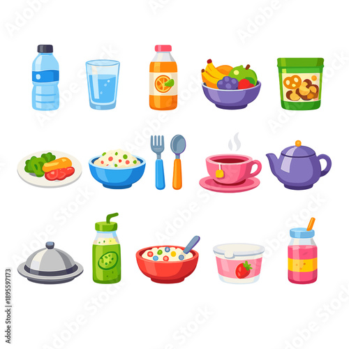 Nutrition and Hydration flat style: water bottle, glass tumbler, juice bottle, fruit bowl, snack container, plate, bowl, fork, spoon, teacup, teapot, serving