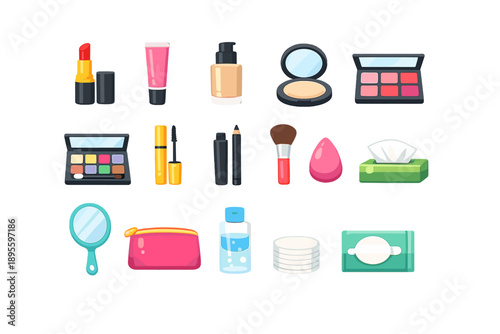 Everyday beauty essentials in flat style: lipstick tube, lip gloss tube, foundation bottle, compact powder case, blush palette, eyeshadow palette, mascara tube