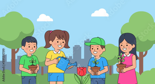 Adobe illustrator artwork vector illustration. Cheerful children engage in gardening, planting and watering flowers and plants in a vibrant outdoor scene with a city skyline and mountains, promoting