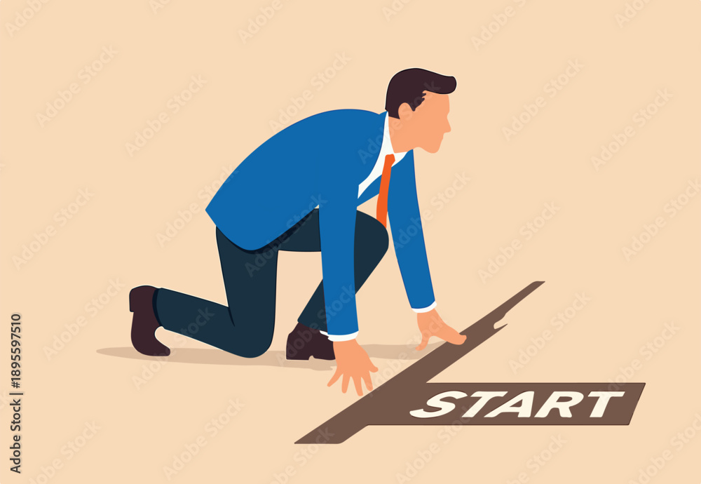 Obraz premium Ready to start business, begin new job or preparation for work, focus and willingness concept, confidence motivated businessman be prepared at start race line and ready to win the competition.