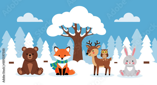 Flat cute kids vector winter woodland scene with fox in scarf, deer, bear cub, rabbit, and owl in snow. Ideal for seasonal kids illustrations and educational content 