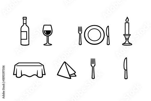 Valentine’s Day romance mood dinner table items in outline vector style: wine bottle, wine glass, dinner plate, fork, knife, table candle, tablecloth, napkin