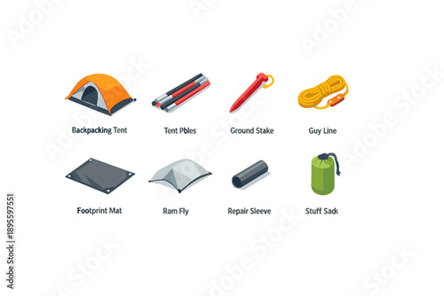 Backcountry shelter equipment in isometric flat style: backpacking tent, tent pole, ground stake, guy line, footprint mat, rain fly, repair sleeve, stuff sack