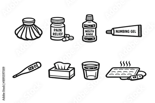 Pain relief and care items in outline vector style: ice pack, pain reliever bottle, mouth rinse, numbing gel, thermometer, tissue pack, water cup, heating pad