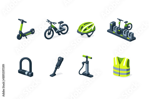 Shared micromobility options isometric flat style: electric scooter, bicycle, helmet, charging dock, bike lock, kickstand, tire pump, reflective vest