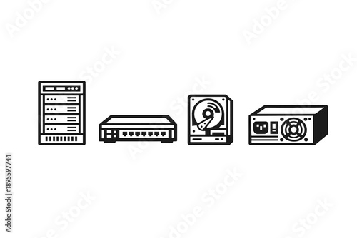 Enterprise marketing automation hardware in bold vector style: server rack, network switch, backup drive, power unit