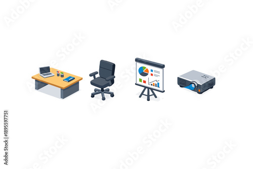 Wallpaper Mural Product planning meeting setup in isometric flat style: conference table, office chair, presentation board, projector Torontodigital.ca