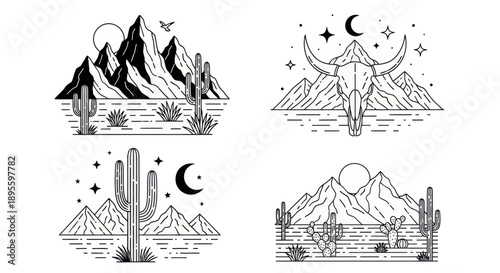 Minimal desert landscape vector set with cacti, mountains, sun, moon, and animal skulls in a line art style. Perfect for t-shirt prints, posters, outdoor-themed branding, and retro designs